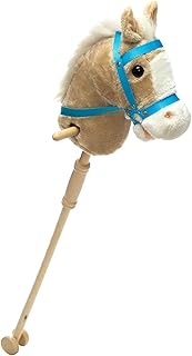 HollyHOME Outdoor Stick Horse with Wood Wheels Real Pony Neighing and Galloping Sounds Plush Toy Beige 36 Inches(AA Batteries Required)