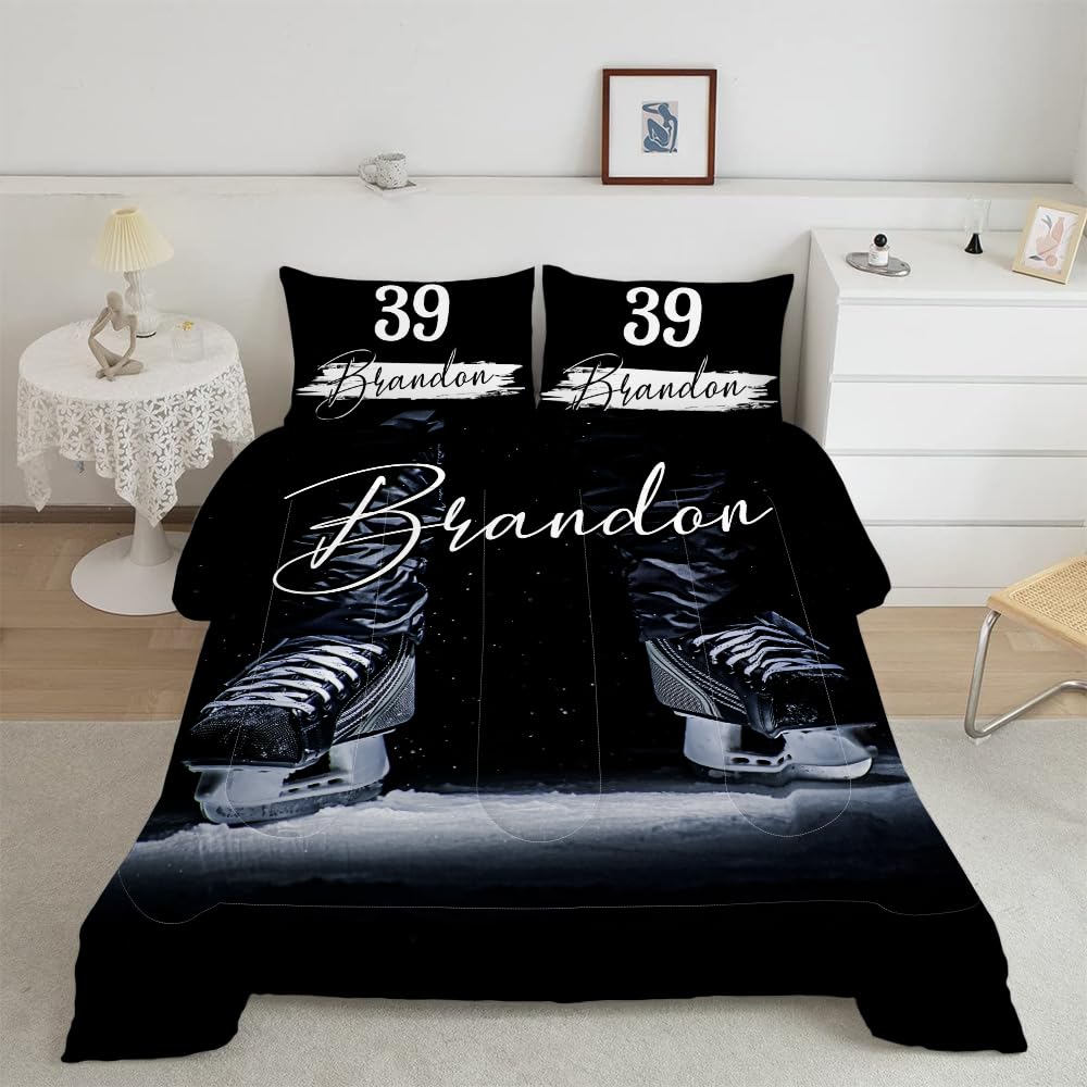 WAZARO Personalized Hockey Comforter Set, Hockey Bedding Twin Full Queen King, Hockey Blankets for Boys Ice Hockey Tapestry Down Comforters Hockey