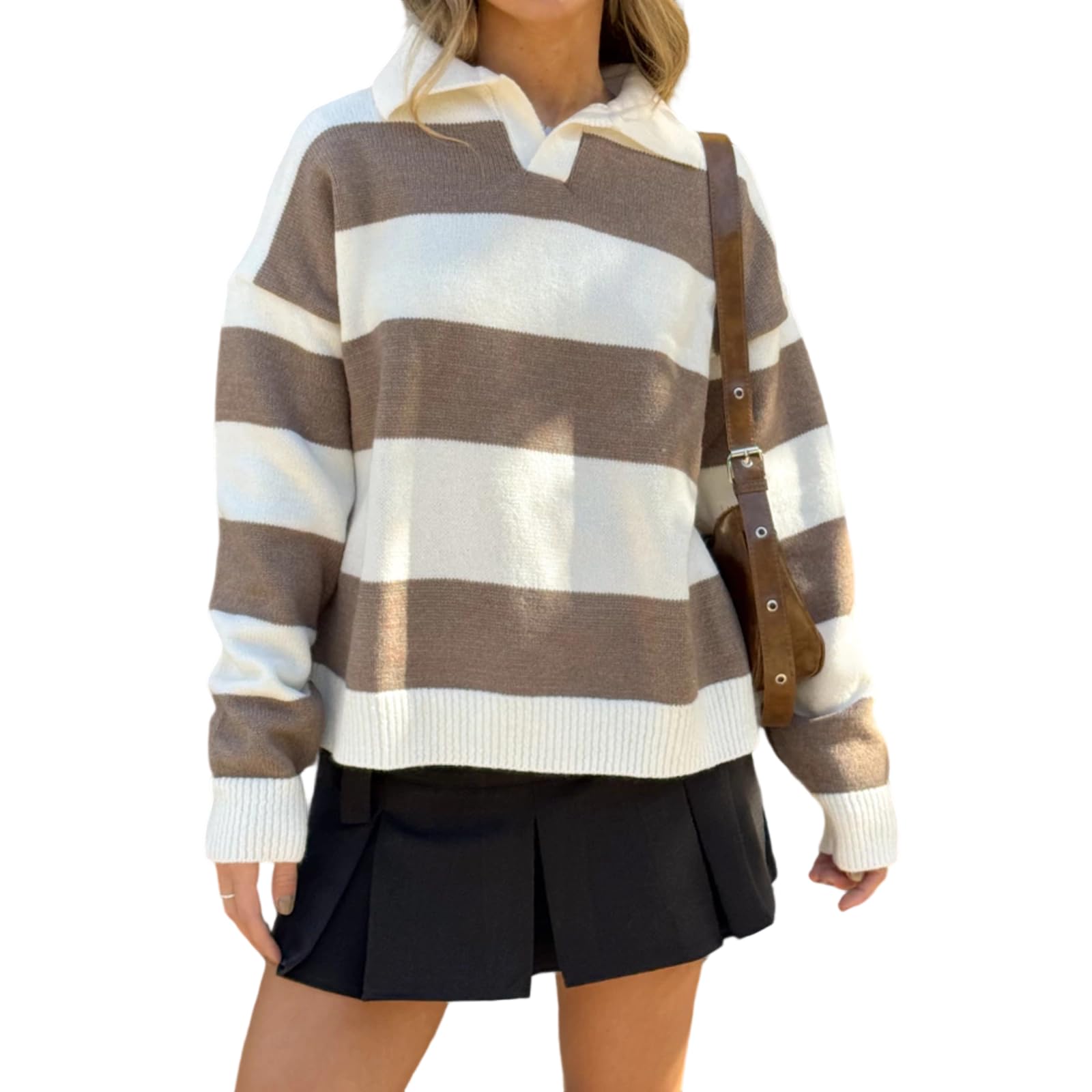 Women Oversized Striped Polo Sweater Long Sleeve Lapel V Neck Rugby Sweatshirt Knit Pullover Tops
