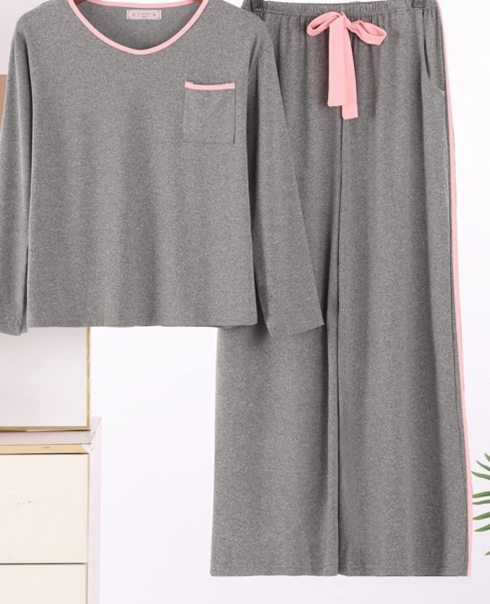 Pijamas Para Mujer Conjunto De Pijama De Poliéster Gris Con Cuello En V Para Mujer, Pijama De Manga Larga Regular Suave Y Suelto Para Mujer, Conjunto De Dos Piezas, Regalo De Festival Adecuado Para