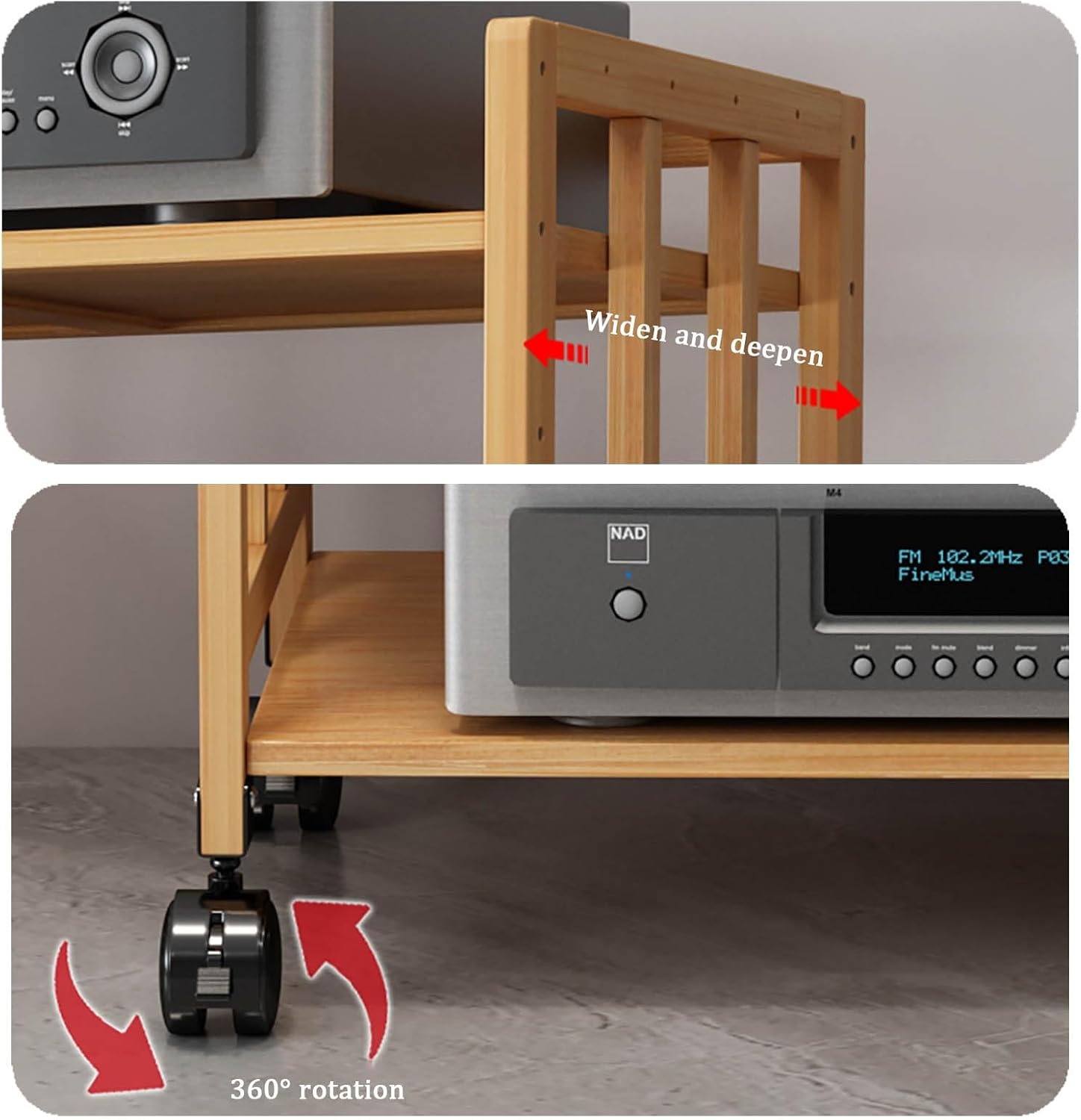 Bamboo Media Stand, 2/3/4/5 Tiers Audio Rack, Adjustable Shelves, Movable Media Storage Shelf, Storage for Entertainment Stereo Component, TV Stand(2 Tier 80x38x53CM)