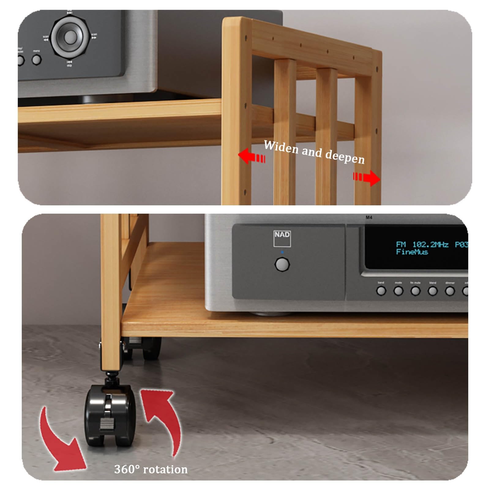 Stojak na Media z Bambusa, 2/3/4/5 Poziomów, Stojak na Sprzęt Audio, Regulowane Półki, Ruchoma Stojak na Drukarkę, Stojak do Przechowywania Komponentów Stereo(5 tier 60x38x158CM)
