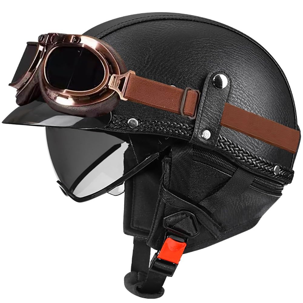 WZGGTEAM Leather Half Helmet German Style, Retro Open Face Helmet with Goggles, DOT/ECE Approved Motorcycle Half Shell Cap for Chopper Cruiser Scooter Bike