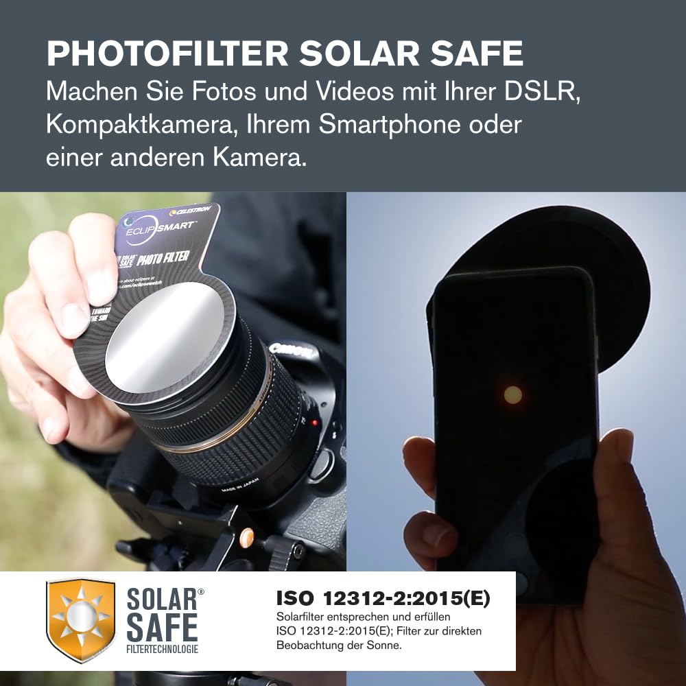 Celestron EclipSmart 3-teil. Set/Beobachtung u. Aufnahme der Sonnenfinsternis. Sonnenbrille, Kamerafilter und Buch. Filter gem. internationalem Sicherheitsstandard zur direkten Sonnenbeobachtung