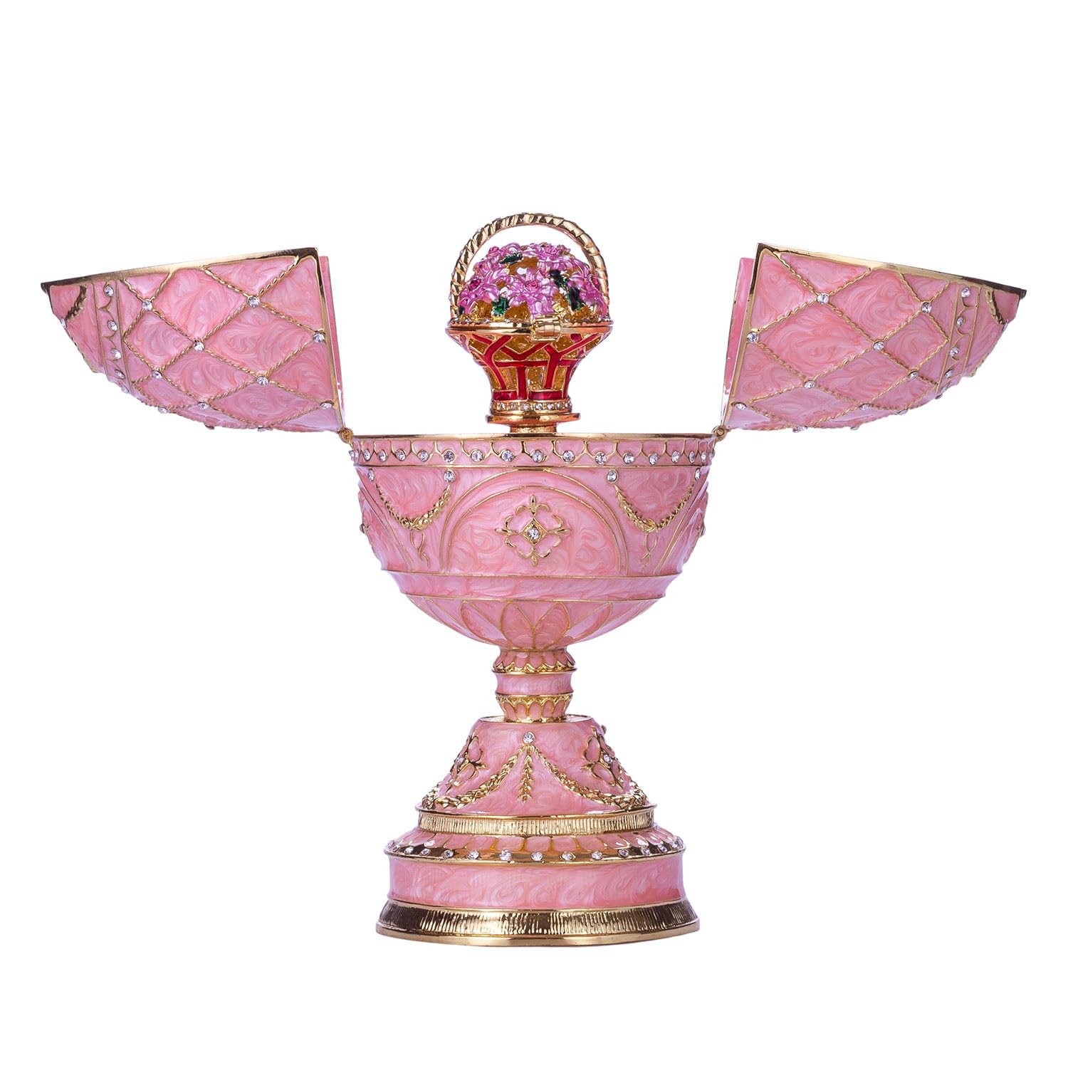 danila-souvenirs Jajko muzyczne w stylu Faberge, Szkatułka na biżuterię z koszem kwiatów 17 cm różowe