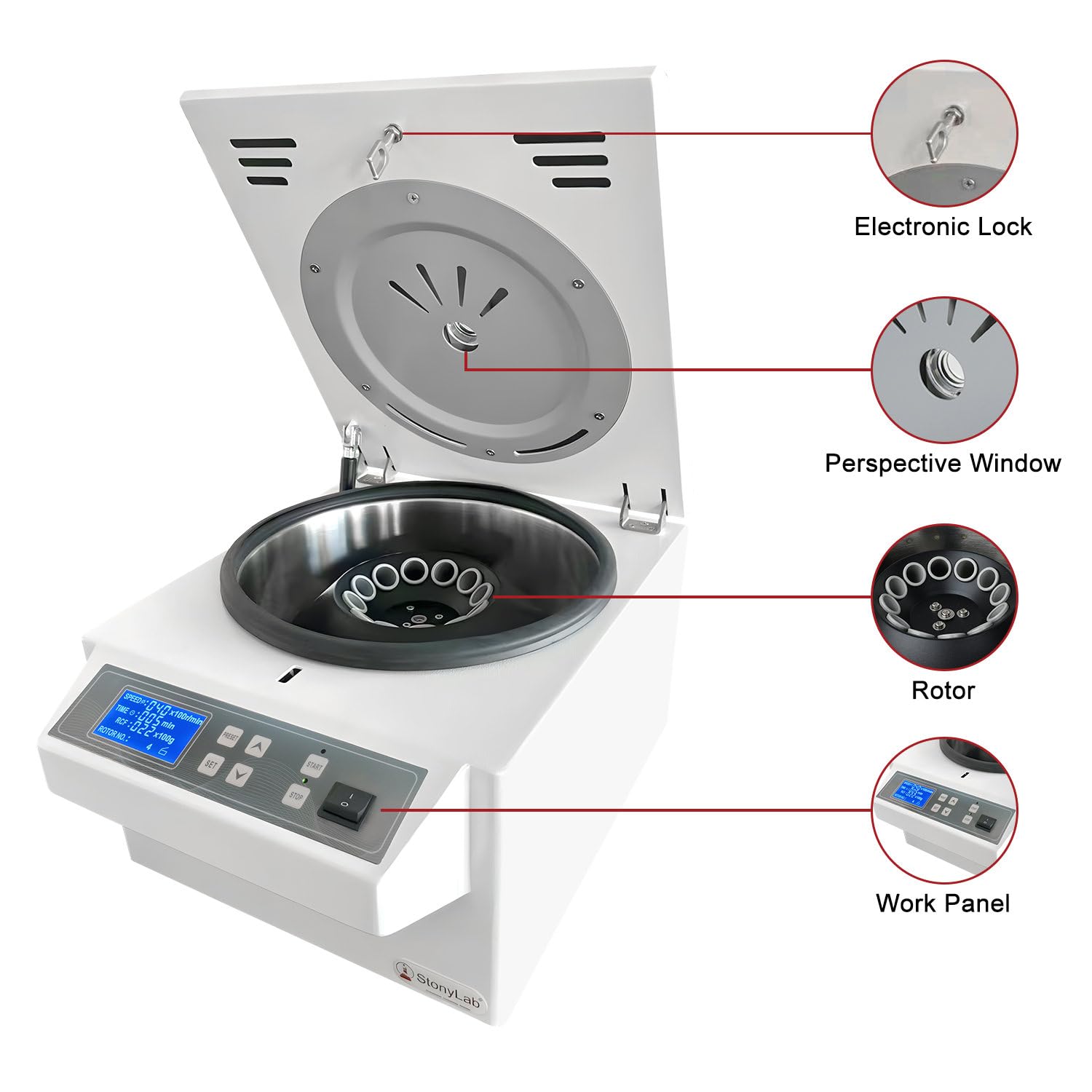 stonylab Centrífuga de Baja Velocidad, 220V/60Hz, Centrífuga Digital de Sobremesa con Velocidad Máxima de 4000 RPM, Fuerza Centrífuga Máxima de 2400xg, Rotor de Ángulo de 15 ml x 12