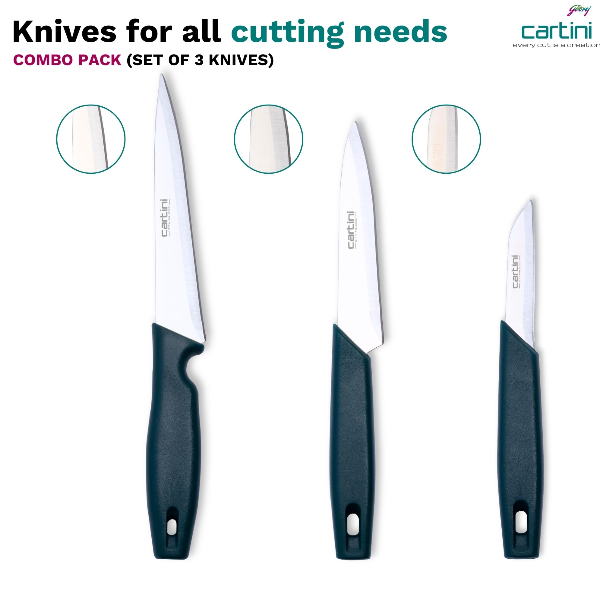 Godrej Locks Cartini Creative Kitchen Knifes .American Iron and Steel,Teal, 3 Pc Set + Free Knife Holder, Stainless Steel (GDC-4697) 1