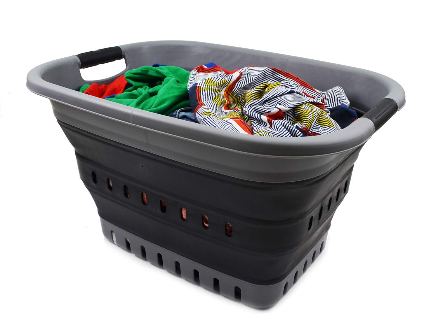 SAMMART Cesto portabiancheria pieghevole in plastica, 37 l, contenitore/organizer pieghevole – cestino salvaspazio (1, grigio/nero)