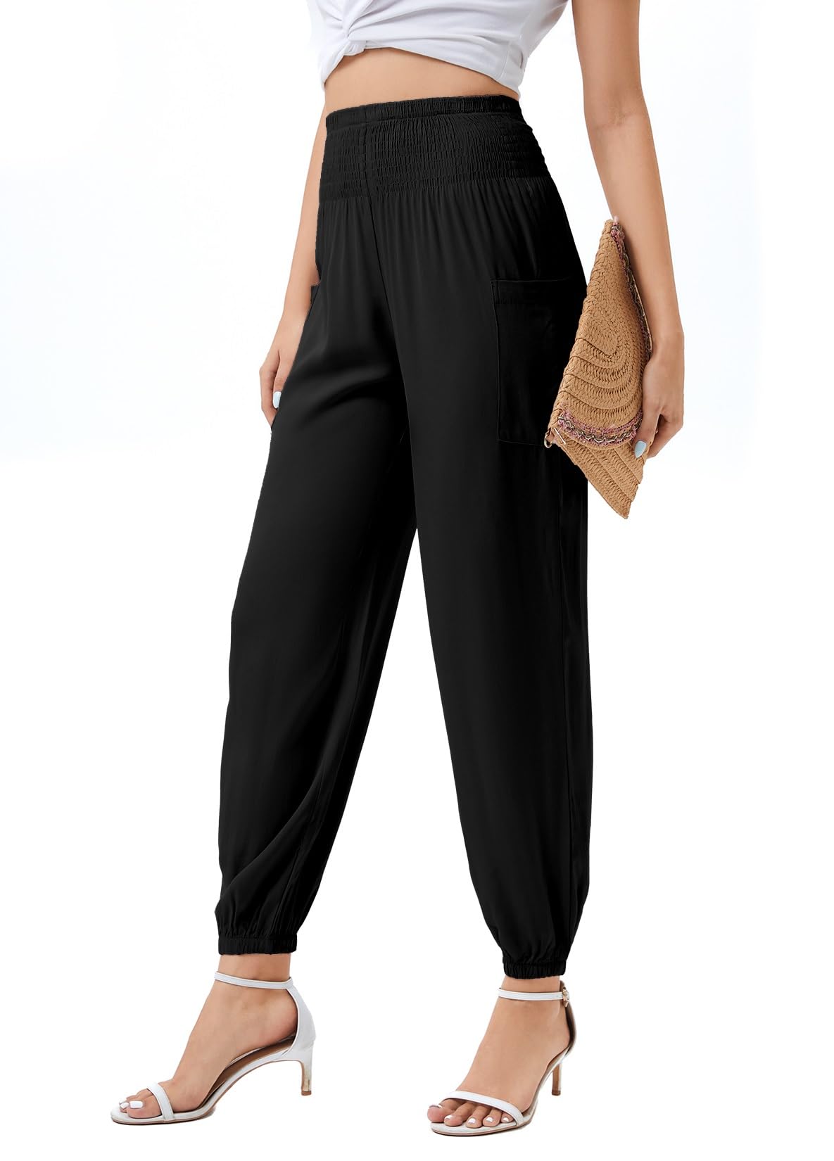 DONGDAOZHU Women's Boho Yoga Harem Pants, High Waist Flowy Lounge Pants Tummy Control Lightweight Soft Travel with Pockets (M, Black)