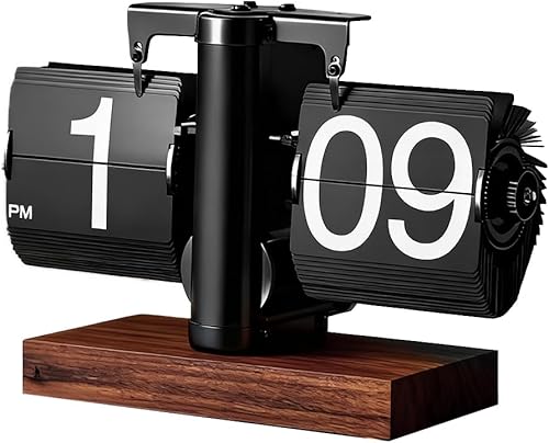 Miniatura 1 de Reloj de escritorio abatible (madera negra), reloj de mesa retro vintage automático abatible, gran número, mecánico, funciona con pilas, relojes