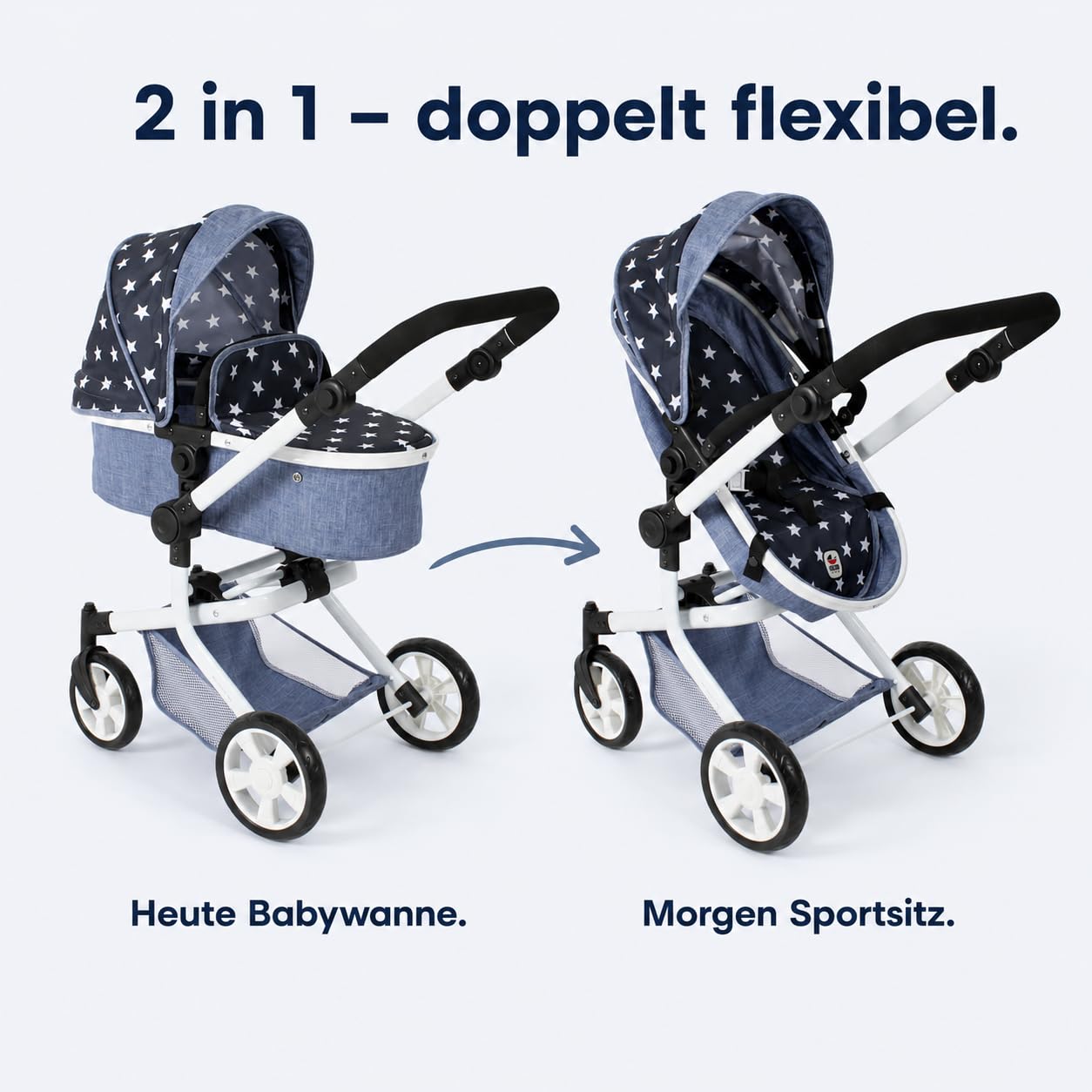 Bayer Chic 2000 - Wózek dla lalek Mika, wózek dla lalek kombi 2 w 1 dla dzieci w wieku od 4 do 8 lat, wózek dziecięcy dla lalek do 52 cm, gwiazdka, granatowy