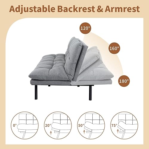 Miniatura 37 de Opoiar Cama con espuma viscoelástica, sofá futón convertible con reposabrazos ajustables, juegos de sofás multifuncionales para apartamento, Gris