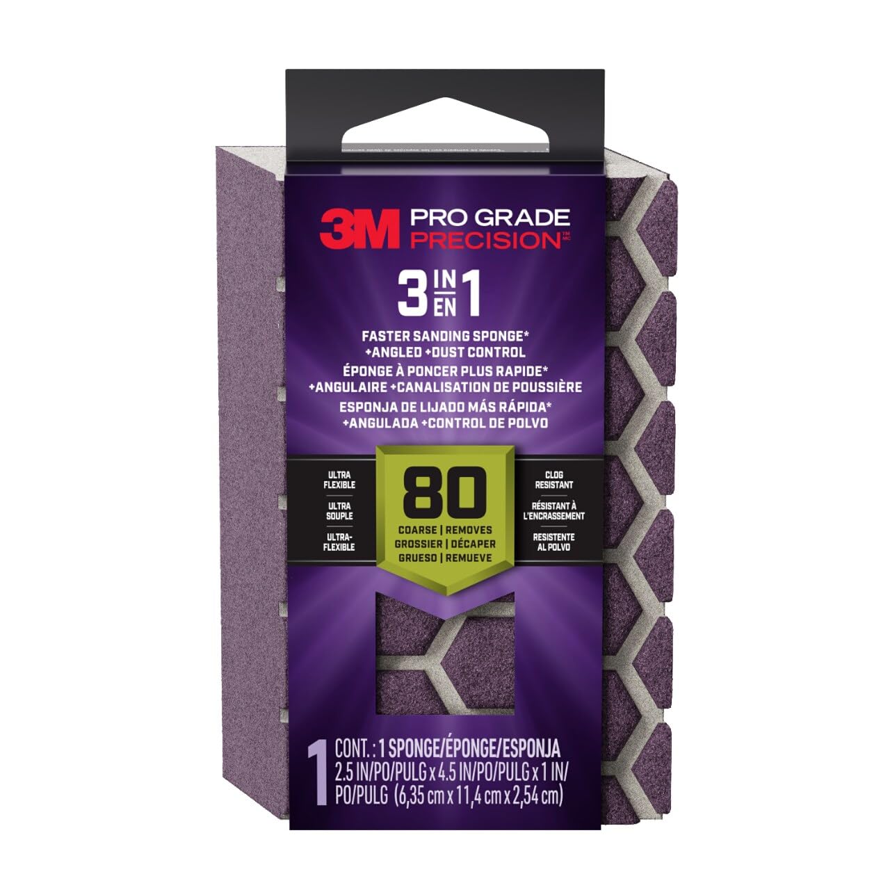 3M Pro Grade Precision 3-in-1 Sanding Sponge, 80 Grit Coarse, for Woodworking, Drywall Prep, and Refinishing, 2.5 in x 4.5 in x 1 in