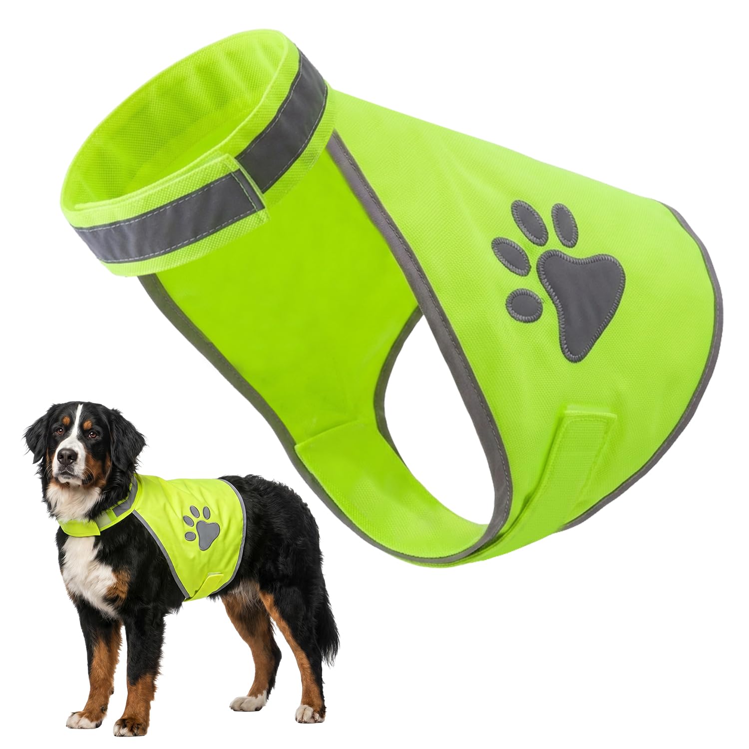 Reflective Dog Safety Vest, Hi-Vis Fluorescent Yellow, Adjustable Straps, Lightweight Water-Resistant Coat with Secure Buckle for Night Walks, Hiking, Training (L)