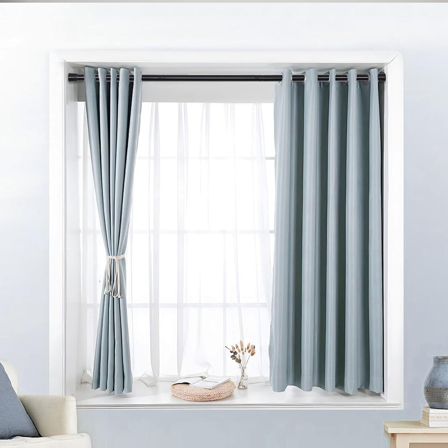 Adjustable Shower Curtain Rod 28 to 64.5 Inches, Small Spring Tension Curtain Rod, No Drill Curtain Rods for Windows, Bathroom, Closet, Non-Slip, 0.86" Diameter, Black, 2 Pieces