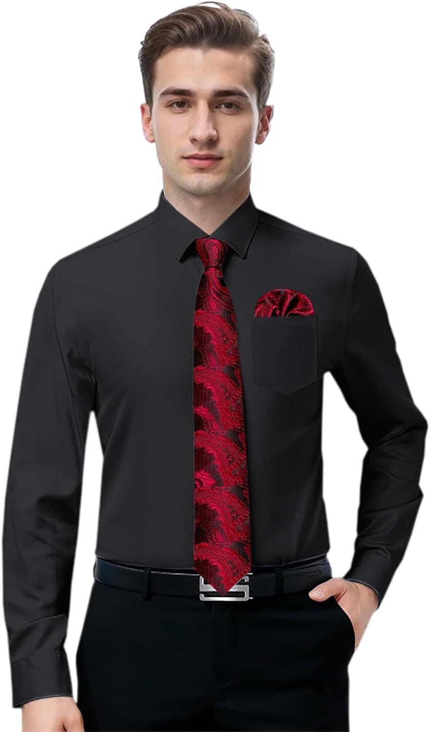 Cromoncent Mens Dress Shirt with Tie Set Classic Fit for Event Long Sleeve Button Down Shirt with Pocket Square