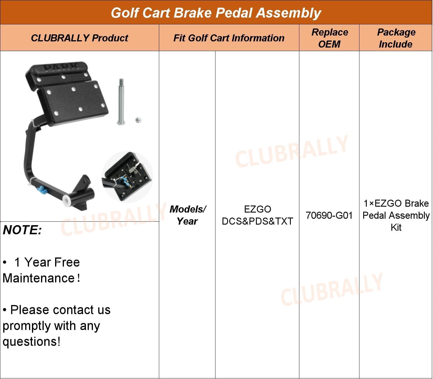 Golf Cart Brake Pedal Assembly with Brake Light Wire, Fit for 1994-Up EZGO DCS&PDS&TXT Golf Carts, OEM#70690-G01