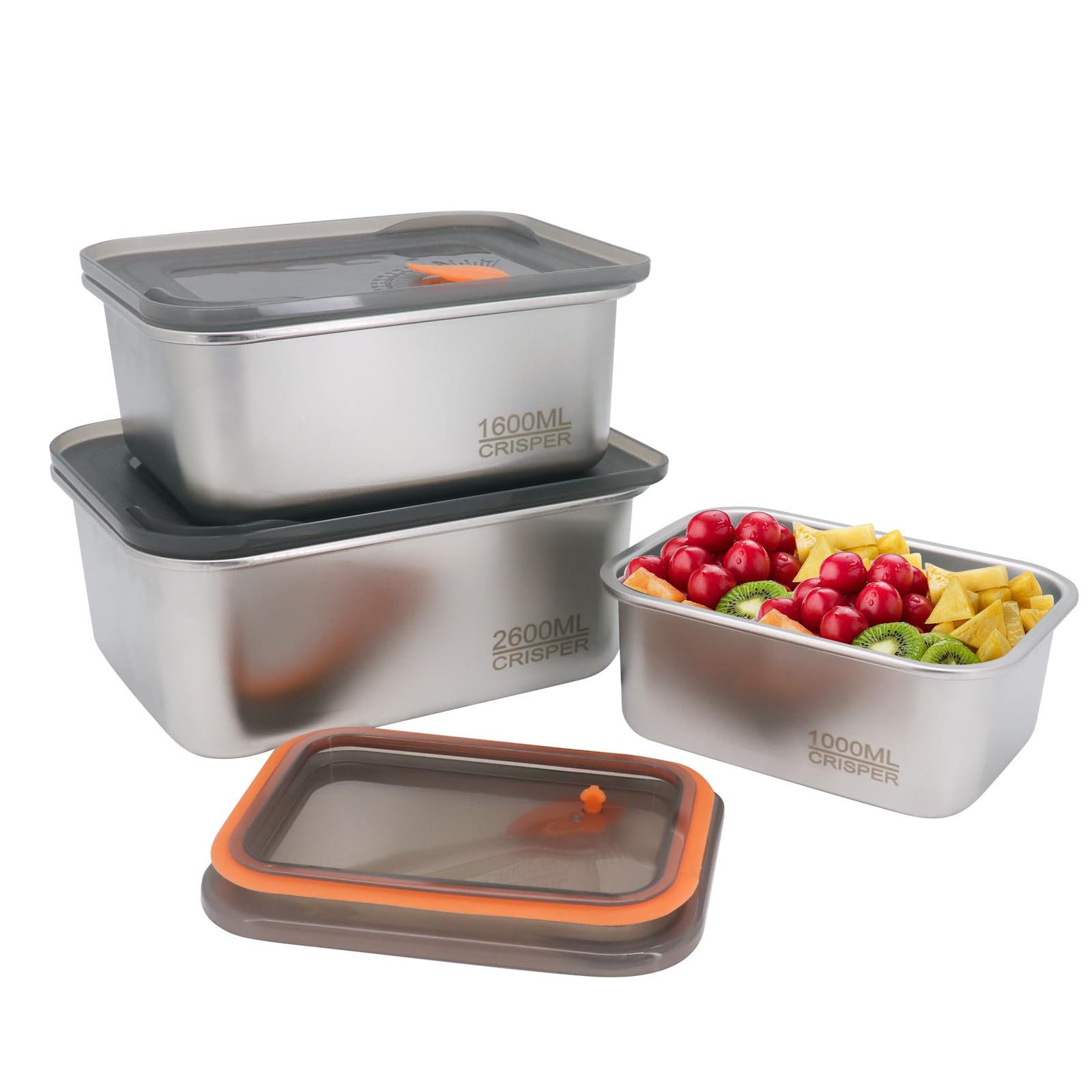 Contenitori per alimenti in acciaio inossidabile con coperchio, contenitori per snack a tenuta stagna in metallo per ristorante, cucina, congelatore, buffet (1000ml+1600ml+2600ml)