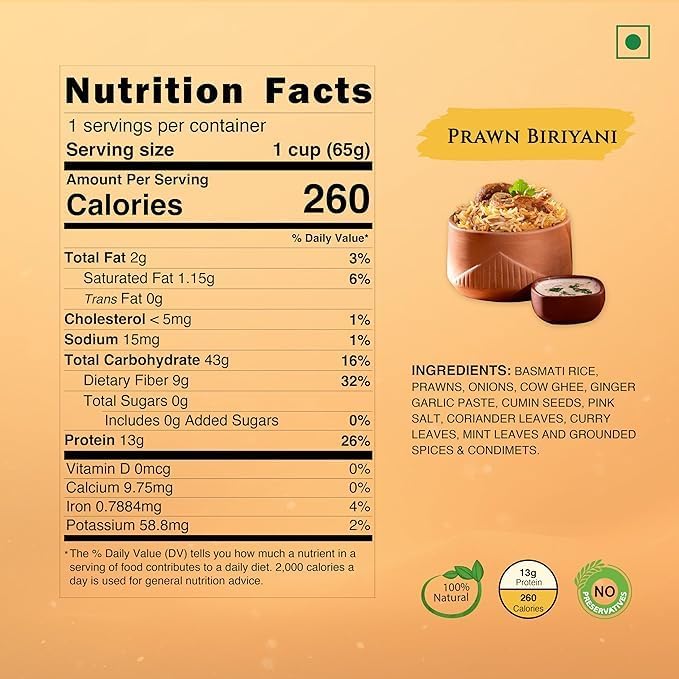 Image of Instabites Ready to Eat Prawn Biryani Cup 65g, No Added Preservatives and Ready to Eat in Minutes - Pack of 5