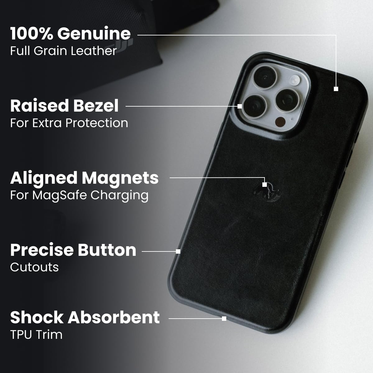 Bullstrap Flex Leather Case for iPhone 16 Pro Max w/TPU Rim for Extra Corner Protection | MagSafe Compatible Premium Full-Grain iPhone 16 Pro Max Leather Case w/Beautiful & Unique Patina | Black