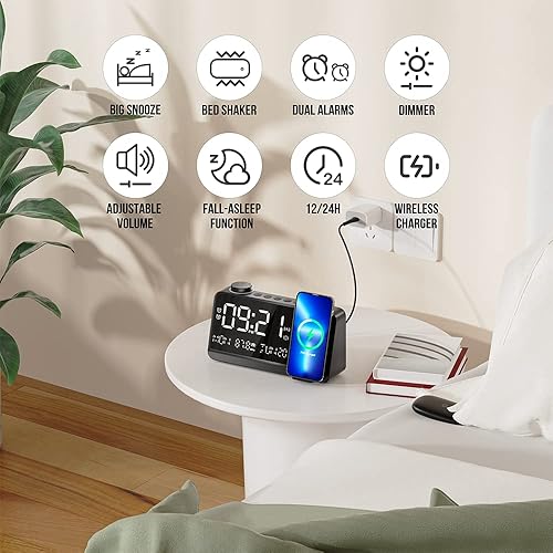 Miniatura 4 de Dekala Reloj despertador para adultos que duermen pesados, despertador ruidoso para dormitorios, reloj vibrador, carga inalámbrica de 15 W, radio