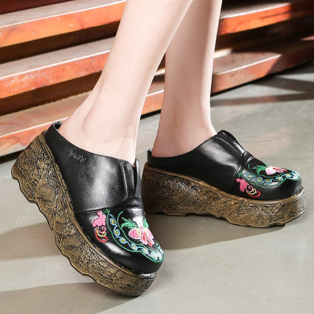 JIA HONG Handmade Leather Slippers, Baotou Thick-soled Wedge Sandals And Slippers, Retro Literary Women's Shoes, Platform Shoes,Black（38）
