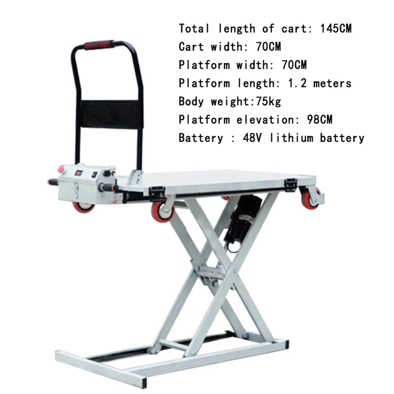 Carrello elevatore idraulico portatile, larghezza 70 cm, capacità di carico 300 kg, altezza di sollevamento 98 cm, 4 ruote, ideale per magazzino e logistica