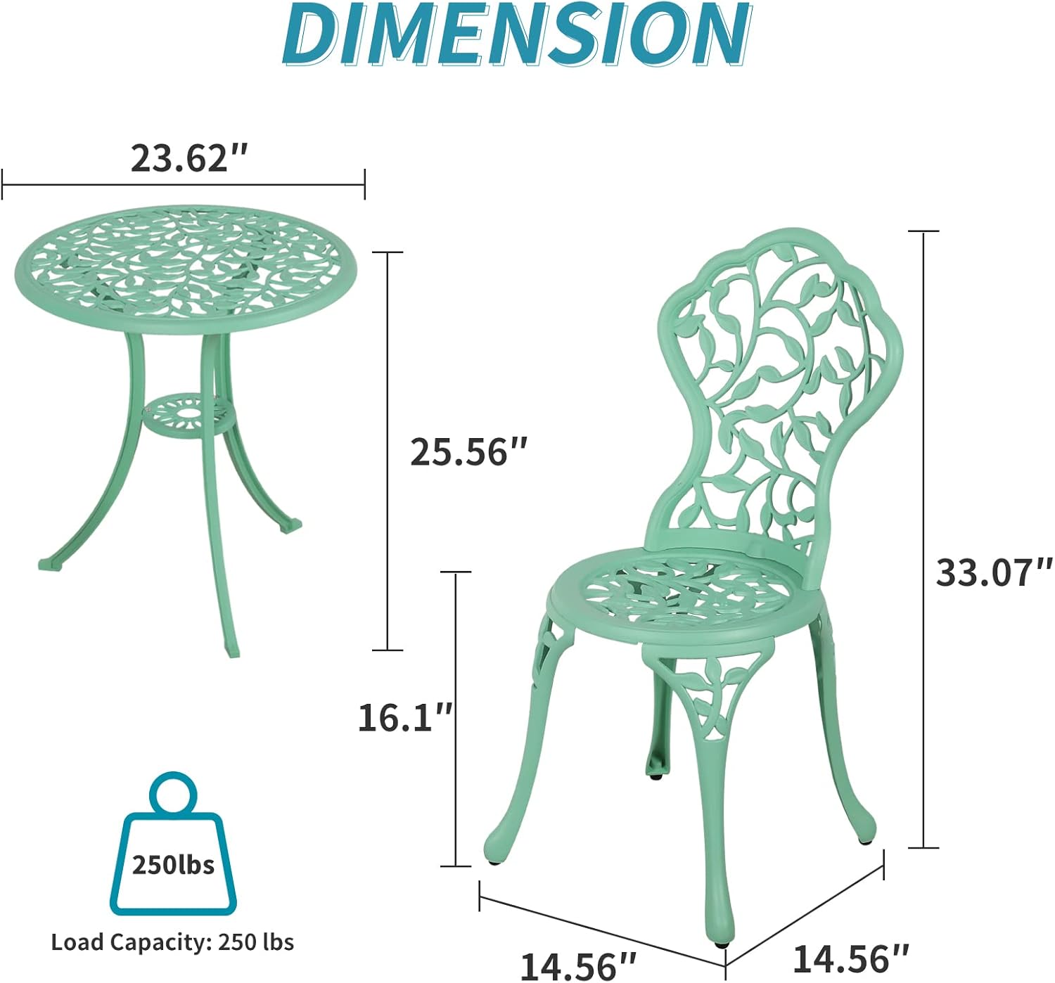 Verano Garden 3 Piece Outdoor Bistro Set, Rust-Resistant Cast Aluminum Patio Bistro Set Antique Finish, Weather Resistant Patio Table and Chairs, Outdoor/Indoor Use, Teal : Patio, Lawn & Garden