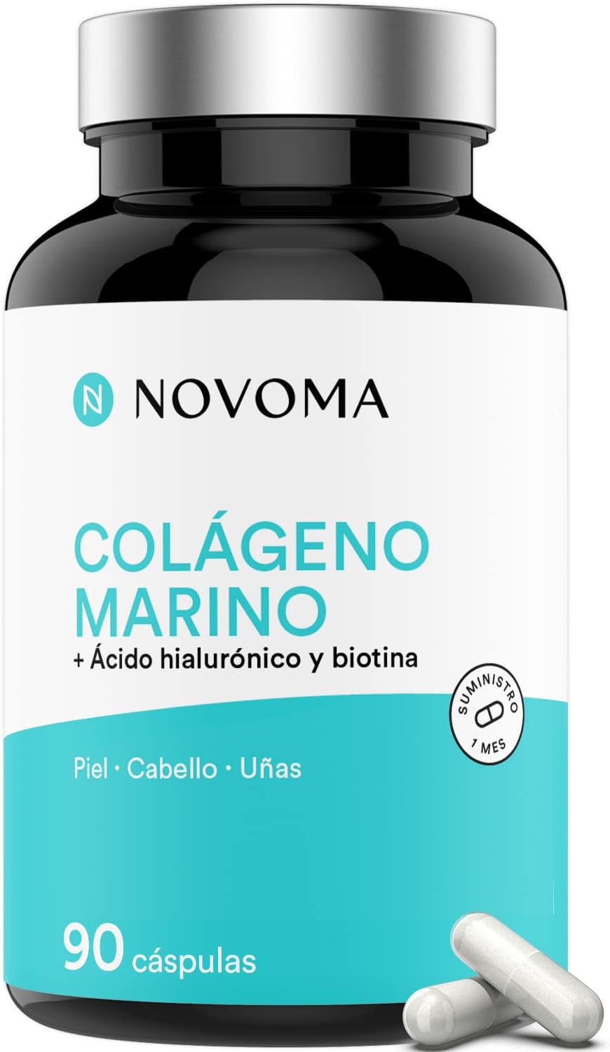 Colágeno Marino 1000 mg | Dosis Elevada | Con Ácido Hialurónico, Zinc y Biotina | Piel, Cabello y Uñas | 90 cápsulas | Fabricado en Francia | NOVOMA (ex Nutrivita)