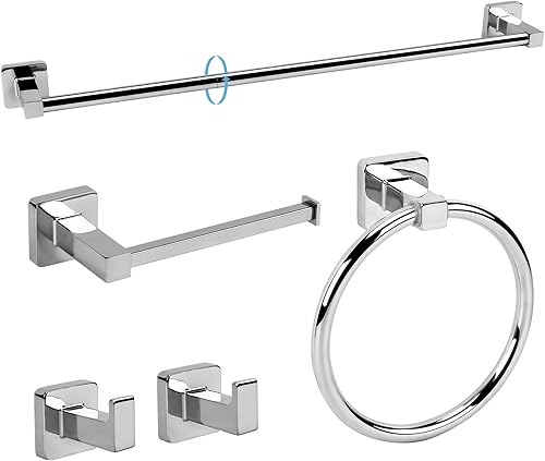 Juego de 5 accesorios de baño de cromo pulido, juego de barra de toalla de mano de acero inoxidable de 23.6 pulgadas, soporte para papel higiénico,
