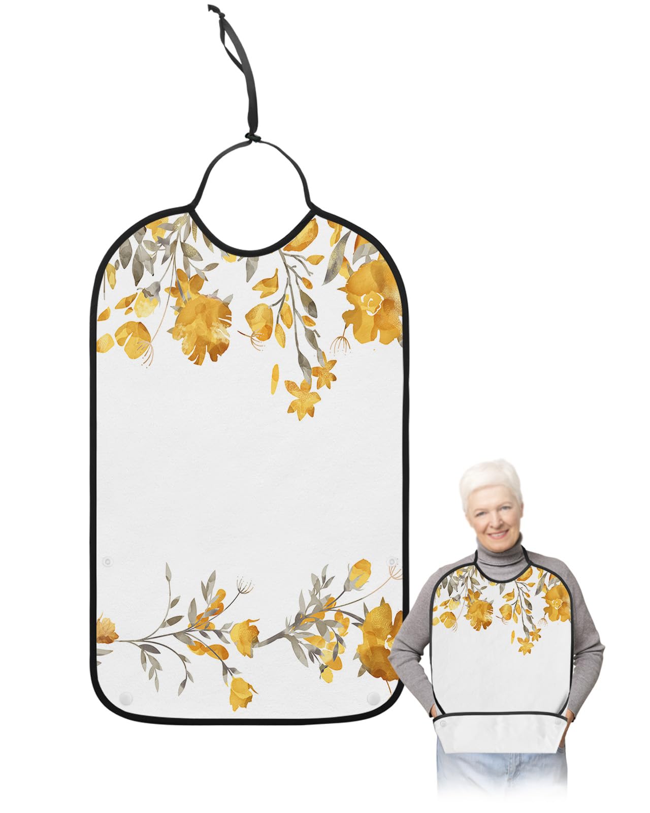 LEOKOTI Yellow Grey Spring Floral Adult Bibs for Eating, Waterproof Bibs with Food Catcher & Snap Closure, Summer Botanical Pastoral Watercolor Washable Clothing Protectors Adult Bibs for Elderly