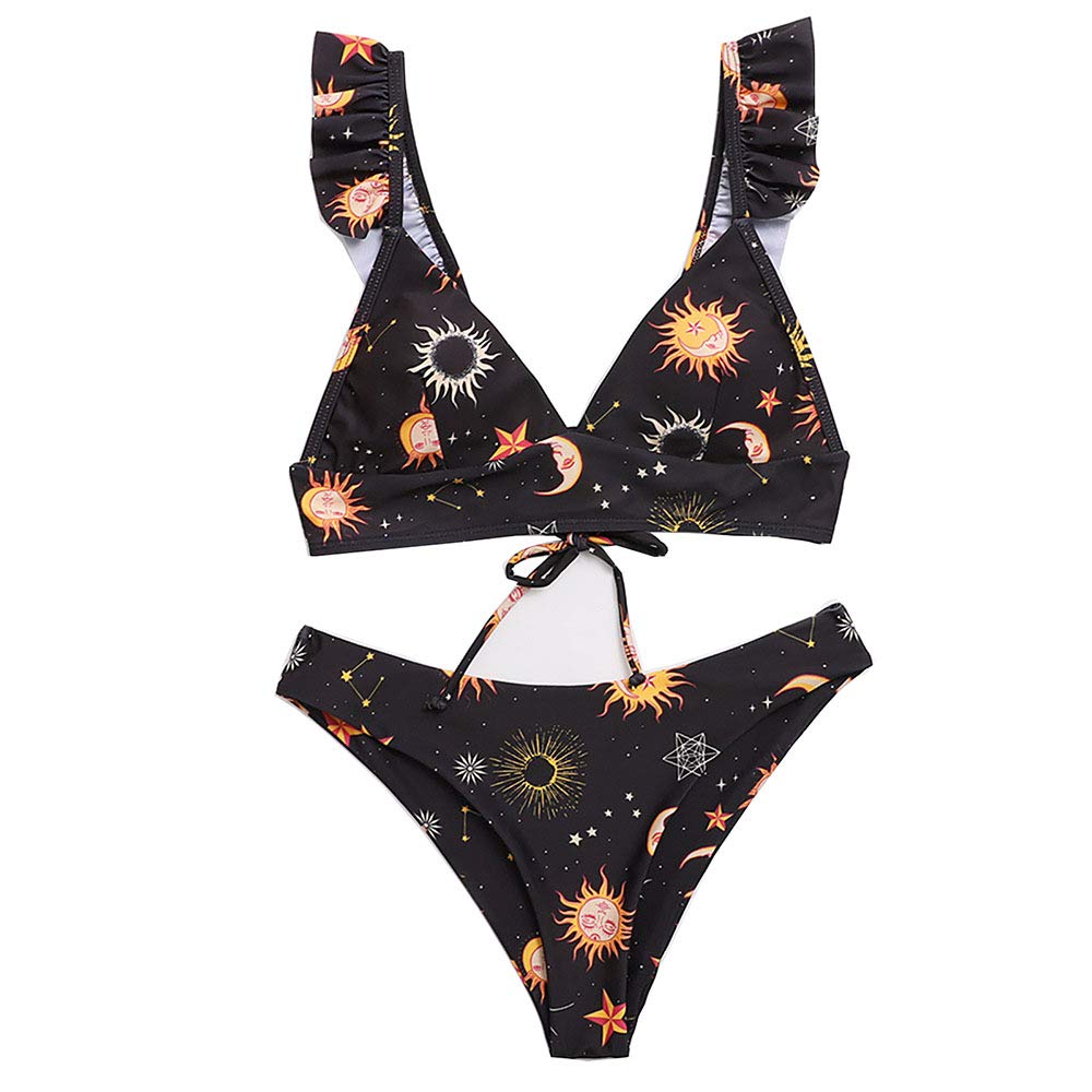 JMSUNWomen's Ruffled Shoulder Strap high Waist Star Moon Sexy Bikini Swimming Bathing Tankini Swimwear