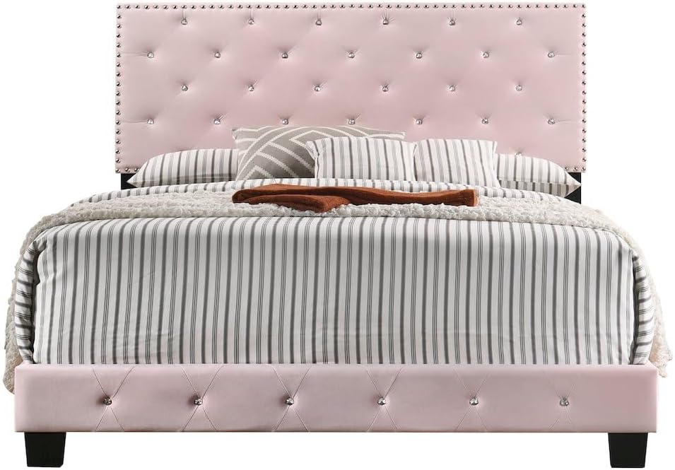 Glory Furniture Suffolk Velvet Upholstered Queen Bed in Pink