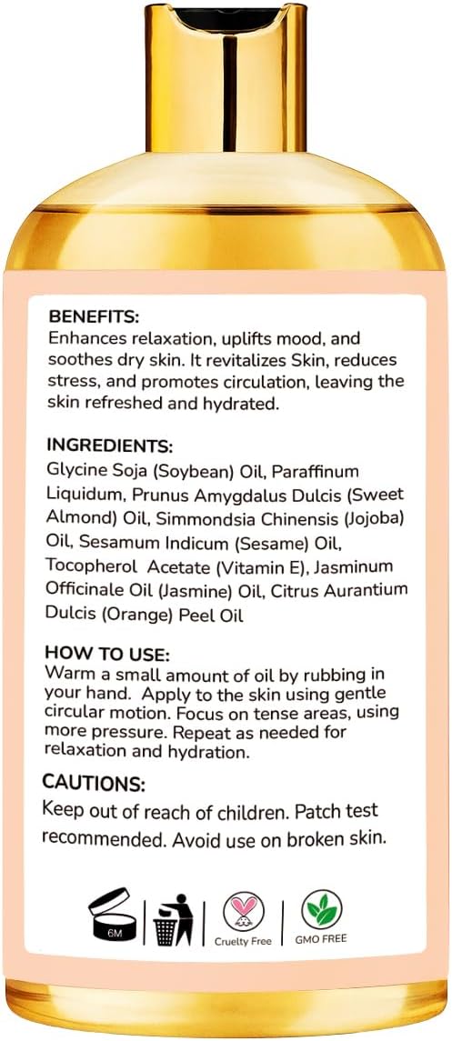 Massage Oil with Jasmine & Orange Essential Oils – Infused with Sesame, Almond & Jojoba Oils – Full Body Massage Oil for Relaxation – for Men & Women – 10 Fl Oz - Image 2