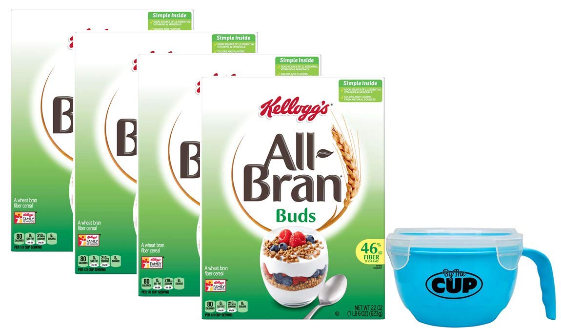 Kellogg's All-Bran Buds Cereal 22 Ounce Box (Pack of 4) with By The Cup Cereal Bowl