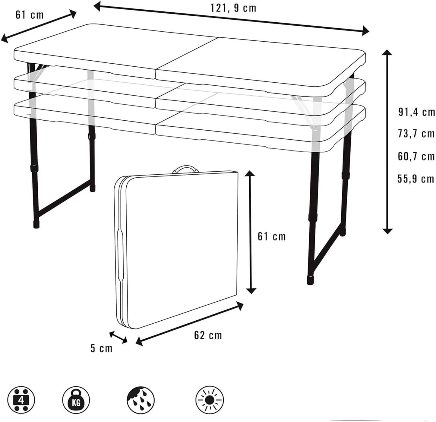 Picnic Folding Table Mesa Plegable Multiusos Ultrarresistente 122x61x56-91,5 Cm Convenient