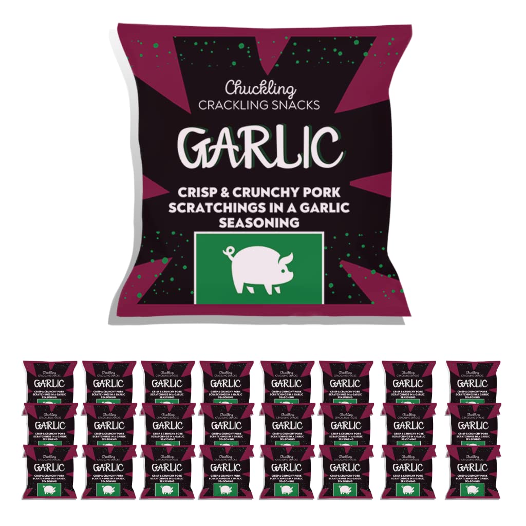 Garlic Pork Scratchings Multi-Pack (24 x 50g) high protein snack, gifts for men who have everything, premium crackling, traditional pork snacks, meat snacks, keto friendly. From Chuckling Snacks.