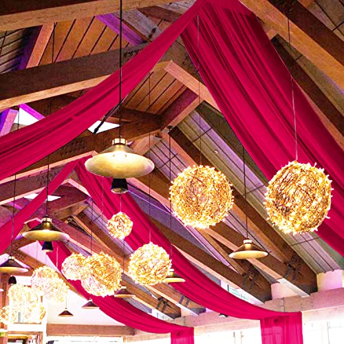 Image of FOTSHARER Hot Pink Ceiling Drapes for Weddings Sheer Ceiling Curtains 4 Panels 5x20FT Chiffon Fabric Fuchsia Draping Fabric for Wedding Arch Tulle Backdorp for Drapes Curtains Satge Reception Decor