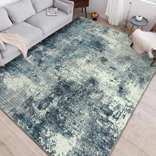 Image of Printed Cotton Carpet for Living Room Size 4x6 feet | Anti-Slip Floor Rug | Washable & Durable | Modern Design Home Decor Color Blue Grey