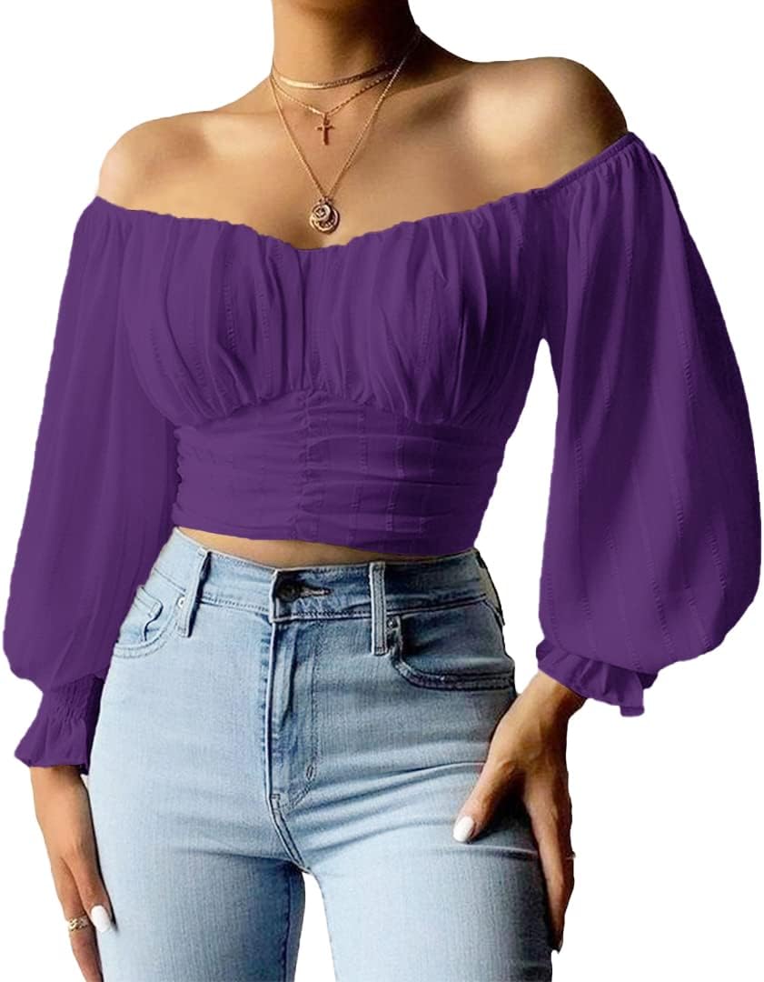 Womens Elegant Off The Shoulder Puff Sleeve Blouse Summer Chiffon Slim Fit Party Crop Top
