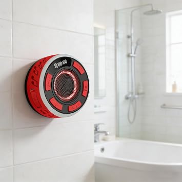 GDSAFS IPX7 Waterproof Shower Speaker with RGB Light & LED Display, Wireless Shower Speaker Waterproof with Detachable Suction Cup, Clear & Balanced 360 Sound Red