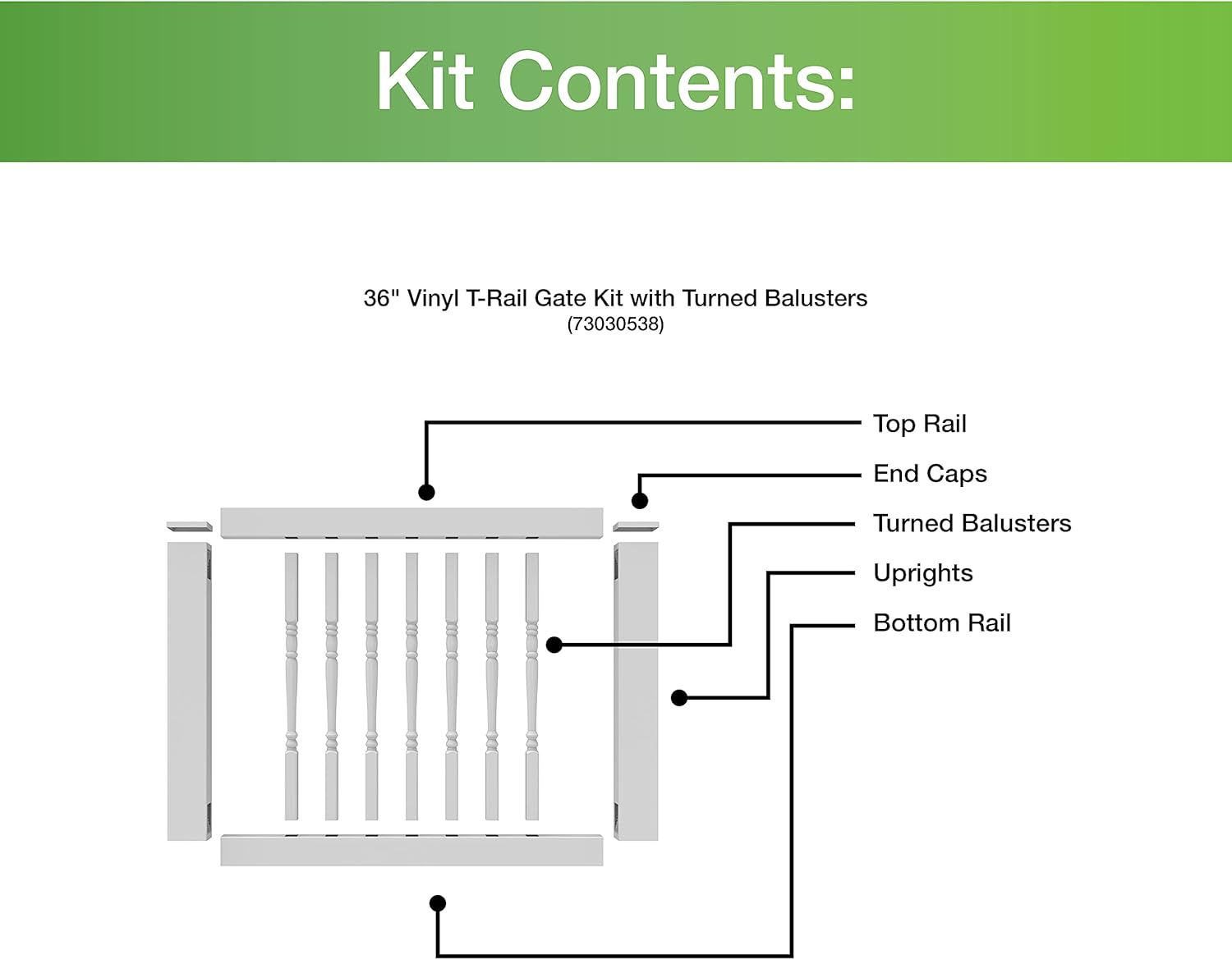 36” Vinyl T-Rail Gate Kit with Turned Balusters, White
