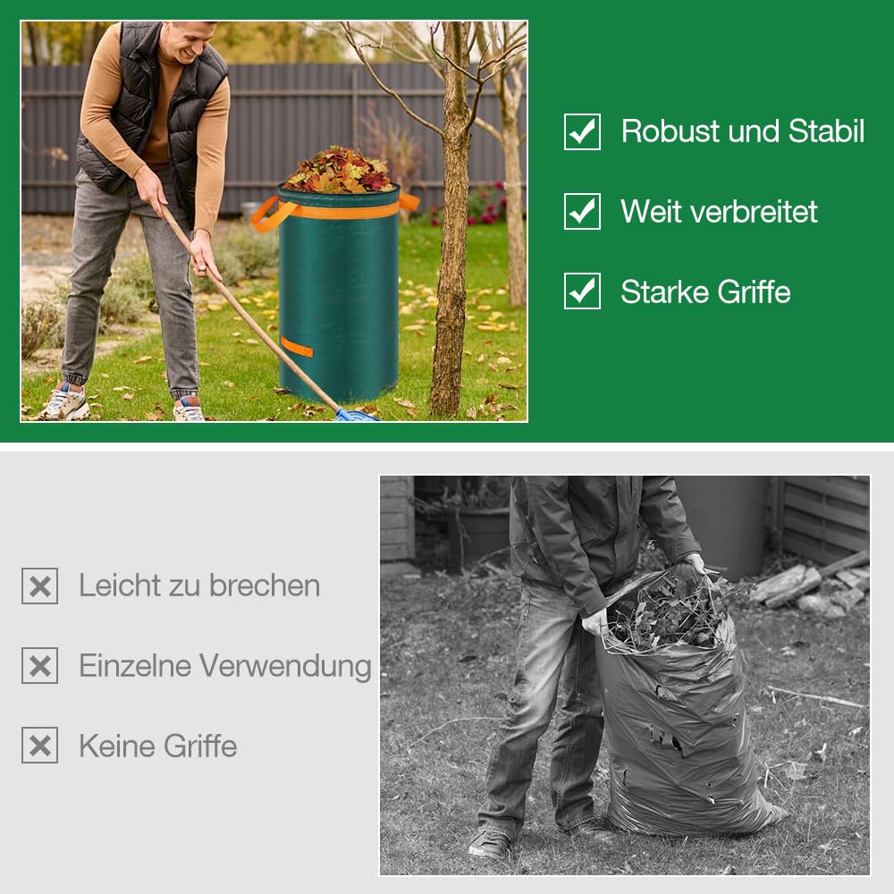 Eurhomewit 3 Gartenabfallsack 120L Laubsack Gartensack mit Deckel und Griffen, Groß Stabile Gartensäcke Laubsammler, Selbststehend Abfallsack Stabil Grünschnittsäcke für Gras Laub Hecke Gartenabfall
