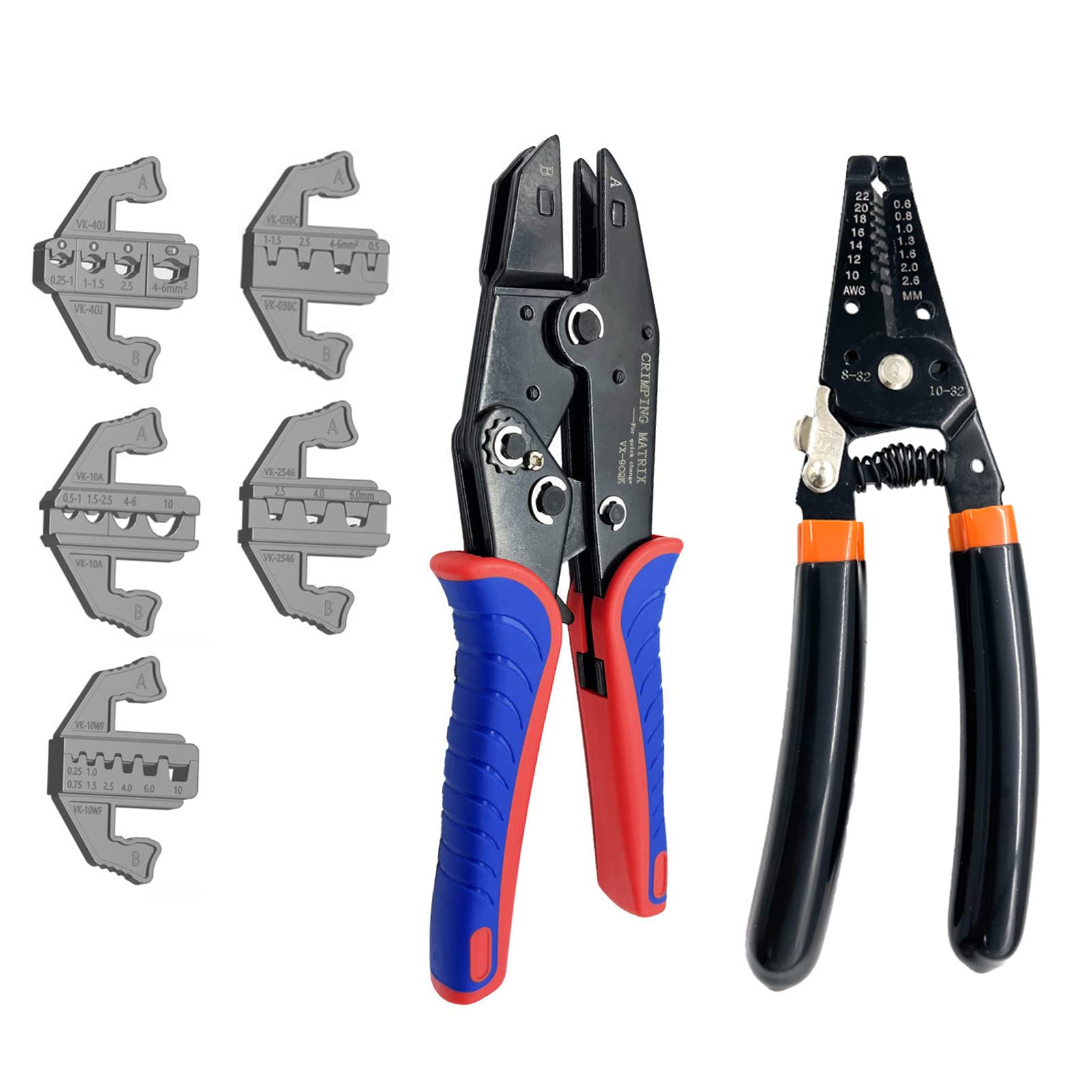 Domary Kit de Herramientas de Engarzado con Trinquete Pelacables Eficiente Engarzadora Cables para Terminales Artesanos Acero Al Manganeso PET 65 Negro + Rojo + Azul 5 Troqueles para la Industria