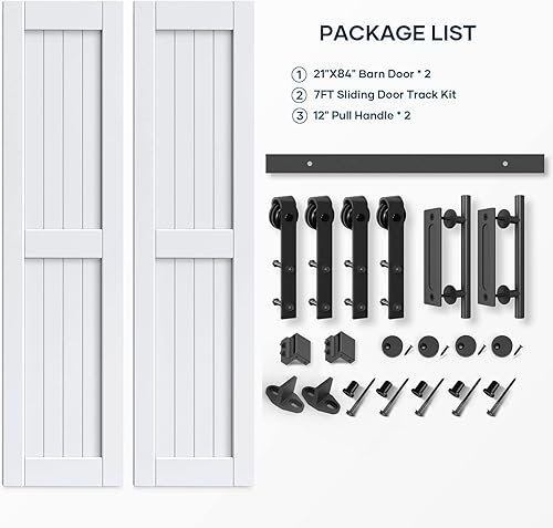 Miniatura 9 de EaseLife puerta de granero blanca de 42 x 84 pulgadas (puerta doble 21x84) con kit de herrajes para puerta corredera de 7 pies incluido y manija,