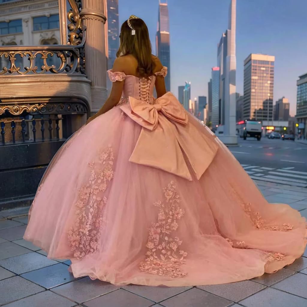 Women's Off Shoulder Quinceanera Dresses Lace Applique Puffy Tulle Ball Gown Beaded Prom Dresses for Sweet 15 16
