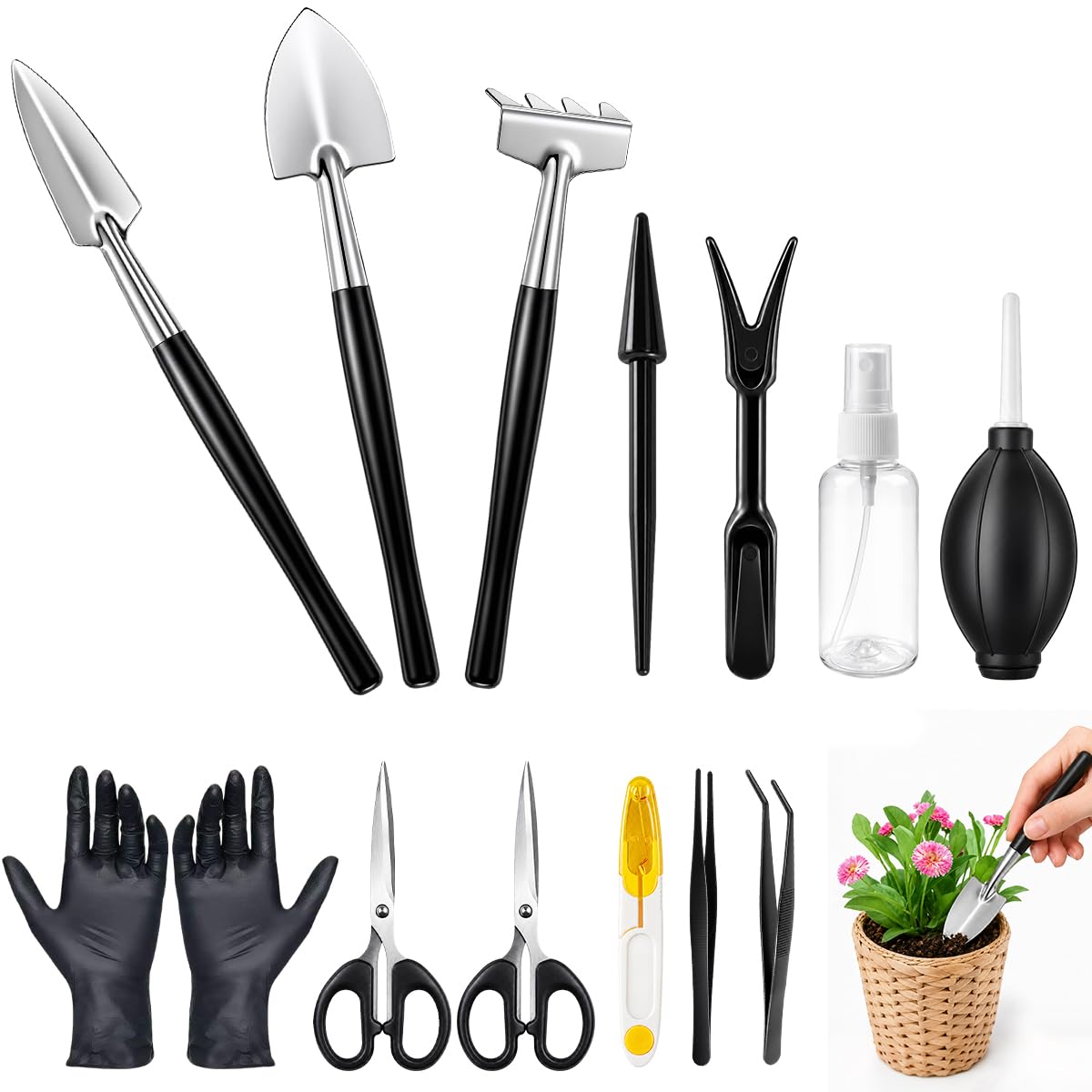 Furuising 14 Pcs Mini Gardening Tools Set, Stainless Steel Garden Tools Set with Trowel and Fork Accessories, Bonsai Tool Kit Hand as Gardening Gifts for Women, Men, Succulent, Plant, Transplanting