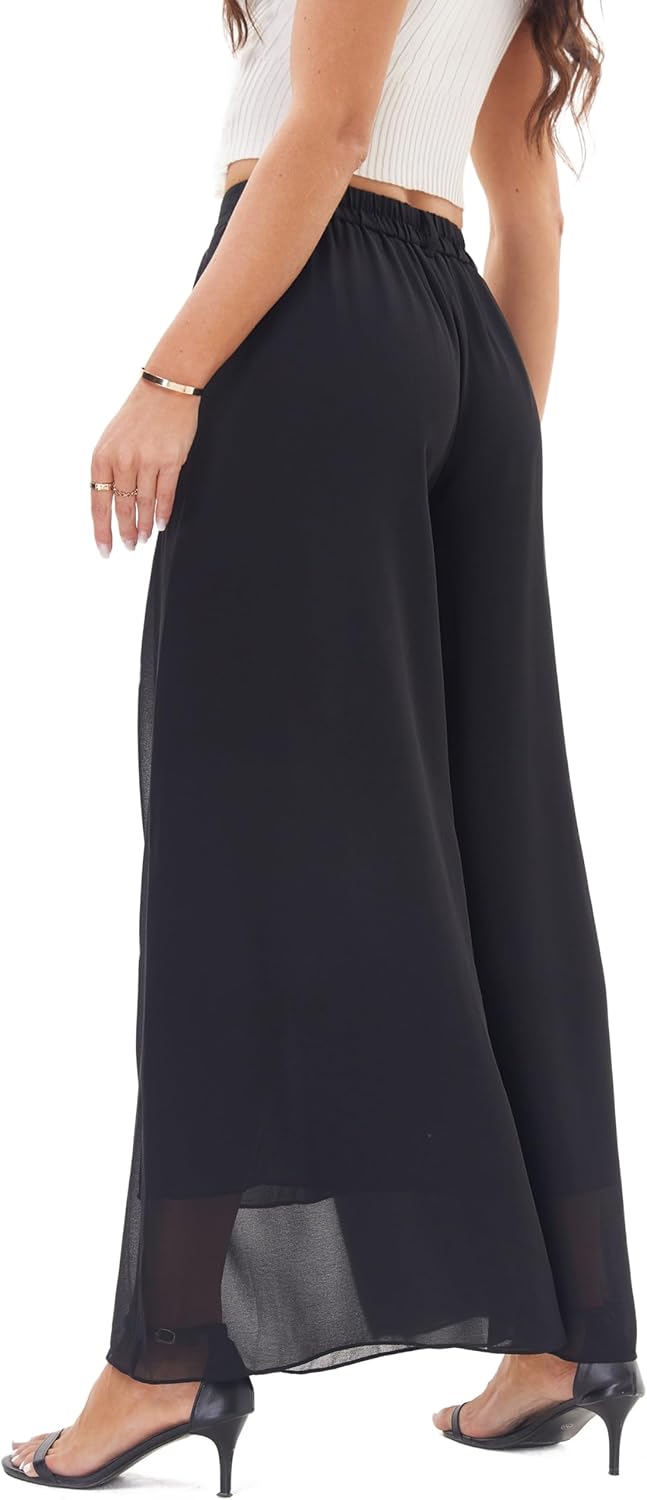 Fakanhui Palazzo Pants for Women Dressy Chiffon Wide Leg Elegant Flowy Business Work Casual Pants Trousers - Image 3