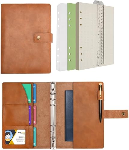 WONDERPOOL Cuaderno de cuero recargable, cuaderno en espiral, carpeta de carpetas de diario A5 con puntos y bolsillos interiores para viajes,