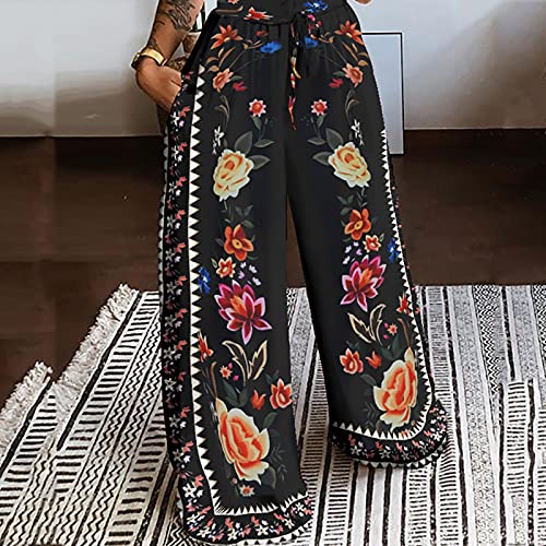 Women Flowers Printing Trousers High Waist Drawstring Wide Leg Trousers Vintage Bohemia Beach Pants with Pockets2